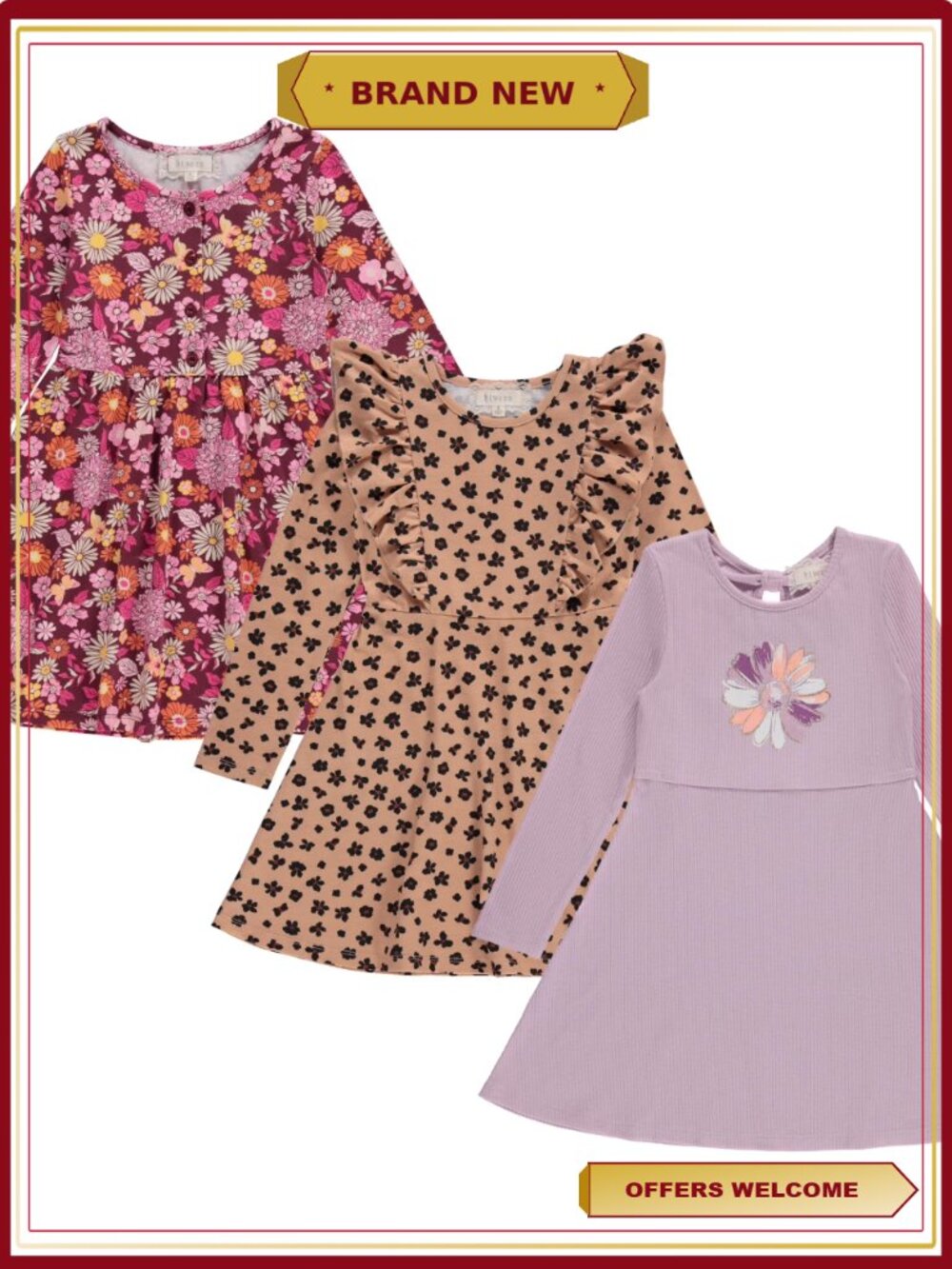Girls 3 Pack Long Sleeve Soft Cotton Casual Dresses Size 10-12